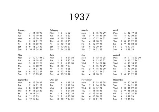Calendar of year 1937
