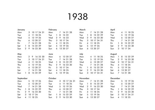 Calendar of year 1938