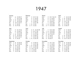 Calendar of year 1947