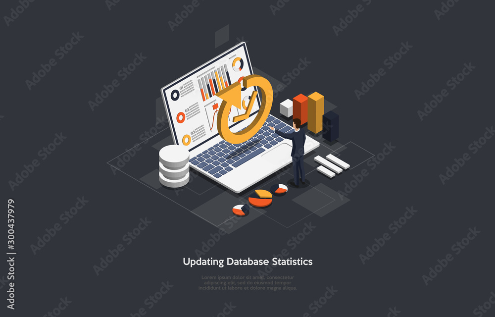 Poster isometric update database statistics. workflow and business management.