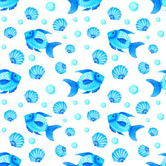 Watercolor seamless pattern with blue fish, circles and seashell isolated on white background. Hand painted nautical illustration. 
