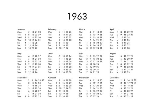 Calendar of year 1963