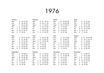 Calendar of year 1976