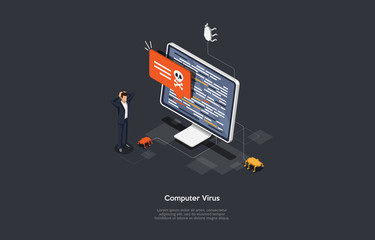 Isometric Virus protection concept. Internet security. Cyber attack on the computer.