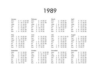 Calendar of year 1989