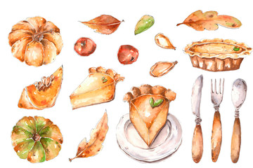 Thanksgiving watercolor set with pumpkins, pie and pieces of cake in a plate, autumn leaves and cutlery. hand drawn isolated on a white background clipart.