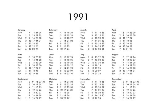 Calendar of year 1991