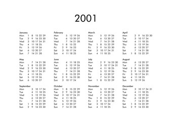Calendar of year 2001