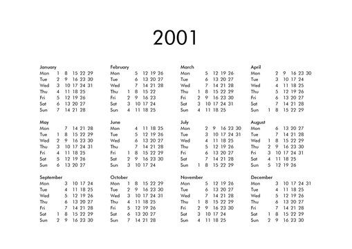 Calendar of year 2001