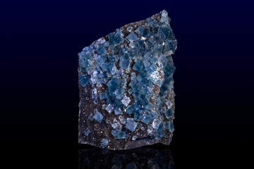 Fototapeta premium Blue fluorite crystal isolated on the dark background Blue raw fluorite crystal , macro, close up