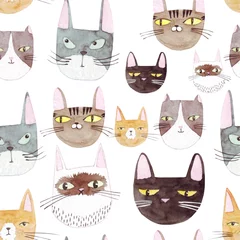  Seamless  pattern of cute cats .  Watercolor background with cat heads. Hand drawn illustration. Painted backdrop. Cloth pattern. Cat, kitten, head. © Tatiana 