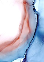Abstract background in alcohol ink technique. Blue and light red on white marble texture. Wash drawing effect wallpaper. Modern illustration for card design, banners and ethereal graphic design. - 300439901