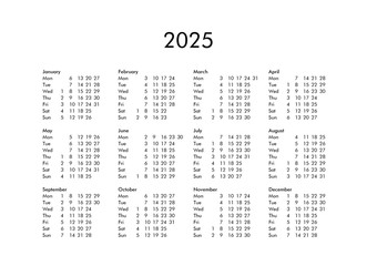 Calendar of year 2025