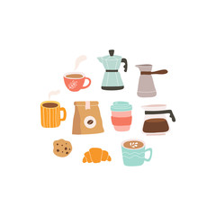 Hand-drawn set of coffee elements. Isolated illustration on a white background.