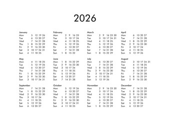 Calendar of year 2026