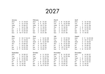 Calendar of year 2027