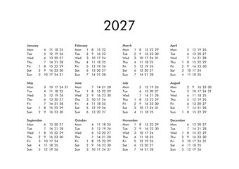 Calendar of year 2027