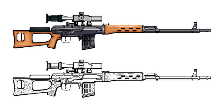Sniper rifle. Firearms. Colorful image Set of sniper Dragunov rifle. Sniper scope rifle. Firearms in combat. Sniper army. Assault Gun Wireframe. Machine guns. Assault rifles. Vector graphics to design
