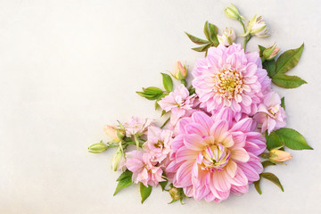 Fototapeta na wymiar Summer blossoming delicate dahlia blooming flowers festive background, pastel and soft bouquet floral card, toned 