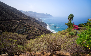 Die raue schroffe Steilküste im Norden von Teneriffa. Beliebte Badebuchten mit Sandstrand zwischen...