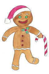Gingerbread ginger man with a sugar cane and a Christmas hat. Watercolor and liner hand drawn illustration