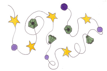 A long garland for a Christmas tree made of purple balls, gold stars and emerald bulbs. Watercolor and liner hand drawn illustration