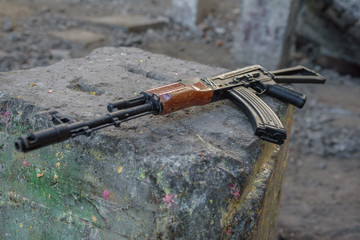 weapons, AK74 submachine guns lying on the table