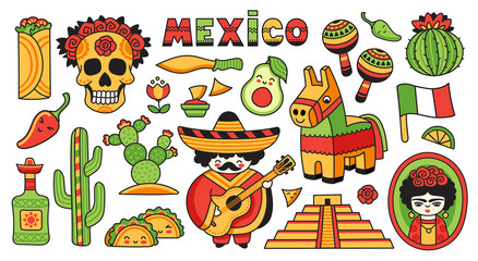 Mexican musician playing on guitar in sombrero and poncho, cactus, pinata, marcases, scull. Set of cartoon stickers, patches, badges, pins. Vector illustration.