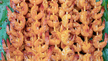 griled prawn in Thailand on banana leaf