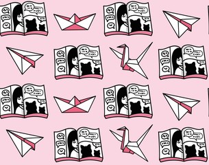 Paper airplane, boat, crane. Origami. Vector seamless pattern on a light pink background for wallpaper, fabric, textile.