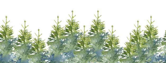 Watercolor seamless background border set with Christmas trees decoration elements. Hand-drawn illustration on the white background