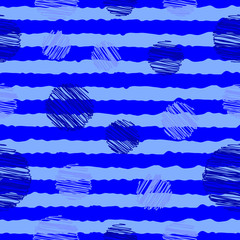 Seamless abstract pattern striped blue lines and circle scribbled shapes repeat endless background