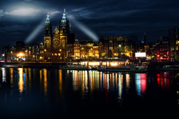 Naklejka na ściany i meble Night view of Amsterdam canals