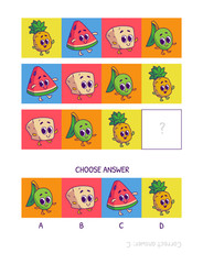 Cute pineapple, watermelon, tofu, olive. Logic game for children preschool worksheet activity for kids, task for the development of logical thinking and mind. Funny cartoon fruits and vegetables.
