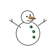 Icono plano lineal hombre de nieve con zanahoria con color naranja y verde 