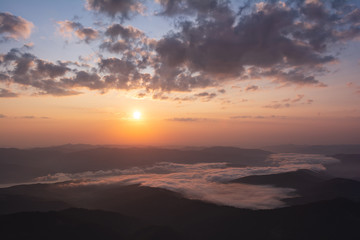 Beautiful dawn in Carpathian mountains. Ceahlau National Park, Romania
