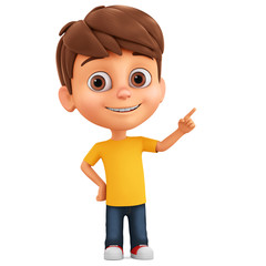 Cartoon character little boy points a finger at an empty place on a white background. 3d render illustration.