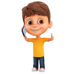 Cartoon character little boy speaks on the phone and shows thumb up on a white background. 3d render illustration.