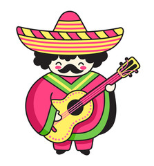Mexican musician. Guitarist in poncho and sombrero. Cute cartoon character. Vector illustration.