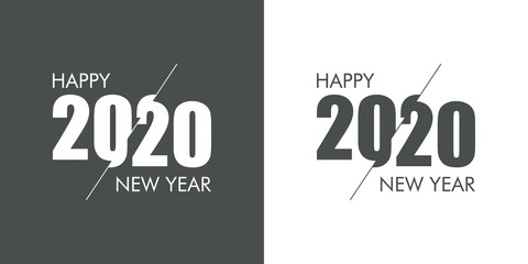 Logotipo con texto Happy New Year 2020 desplazado con linea en gris y blanco