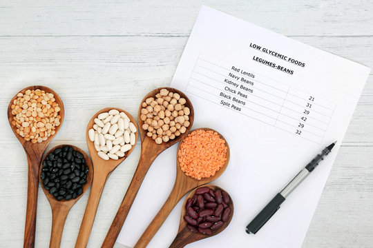 Low glycemic list with values for diabetics with corresponding legumes in olive wood spoons. High in vitamins, minerals, anthocyanins, antioxidant & smart carbs. Below 55 on the GI index. Flat lay.