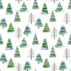 Watercolor seamless pattern of winter forest. Green holiday trees covered with snow. Stylized hand-drawn illustration.