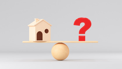Large question mark and house on wooden scales. 3d render illustration.
