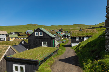 Fototapeta na wymiar Beautiful village of Mykines with colorful houses with grass on the roofs, Mykines island, Faroe Islands, Europe.