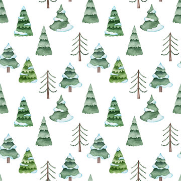 Watercolor seamless pattern of winter forest. Green holiday trees covered with snow. Stylized hand-drawn illustration.