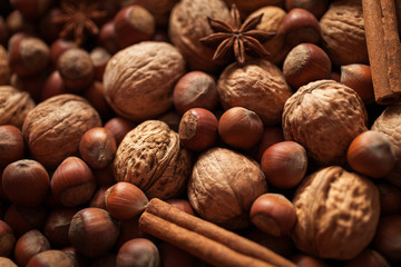 Nuts. Mix of nuts and spices. Food background