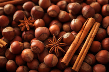 Nuts. Mix of nuts and spices. Food background