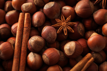 Nuts. Mix of nuts and spices. Food background