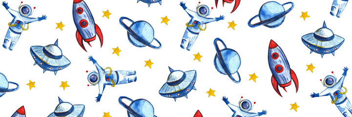 Dessiné à la main avec un fond d& 39 espace aquarelle crayon pour les enfants. Fusées de dessins animés, planètes, étoiles, astronautes, comètes et ovnis.