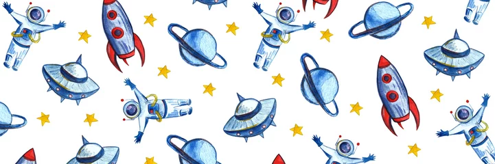Foto auf Acrylglas Handgezeichnet mit Bleistift Aquarell Space Background für Kinder. Cartoon-Raketen, Planeten, Sterne, Astronaut, Kometen und UFOs. © Ангелина